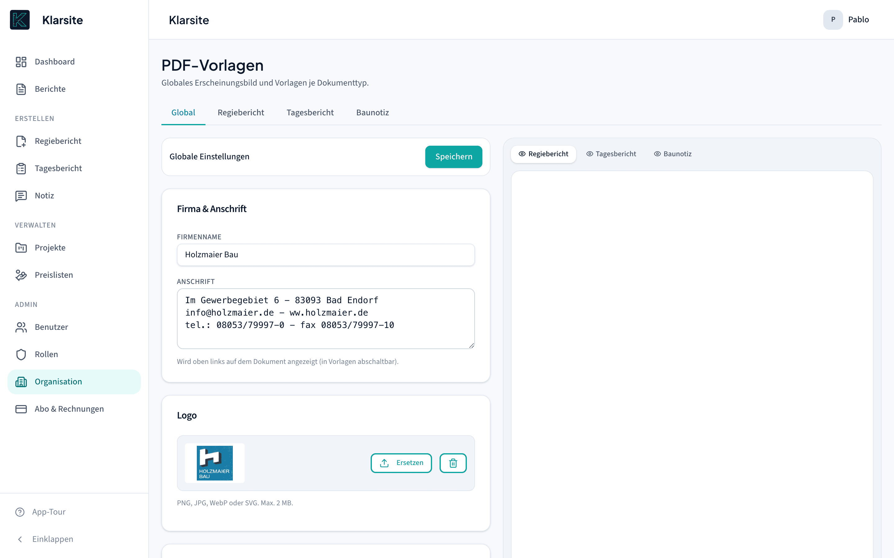 Klarsite PDF-Editor: Logo, Farben und Vorlagen pro Dokumenttyp